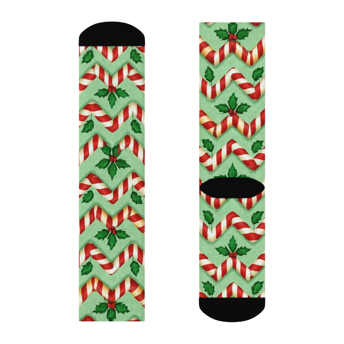 Candy Canes Chevron Ribbons On Mint Green Background trendy patterned crew socks