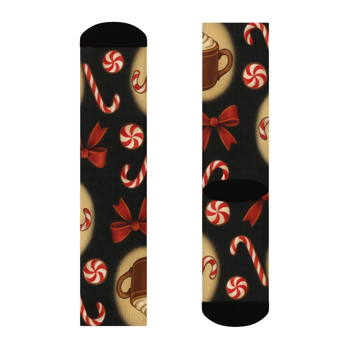 Candy Canes Vignette Wrap Pattern With Cocoa Mugs On Black premium sports crew socks
