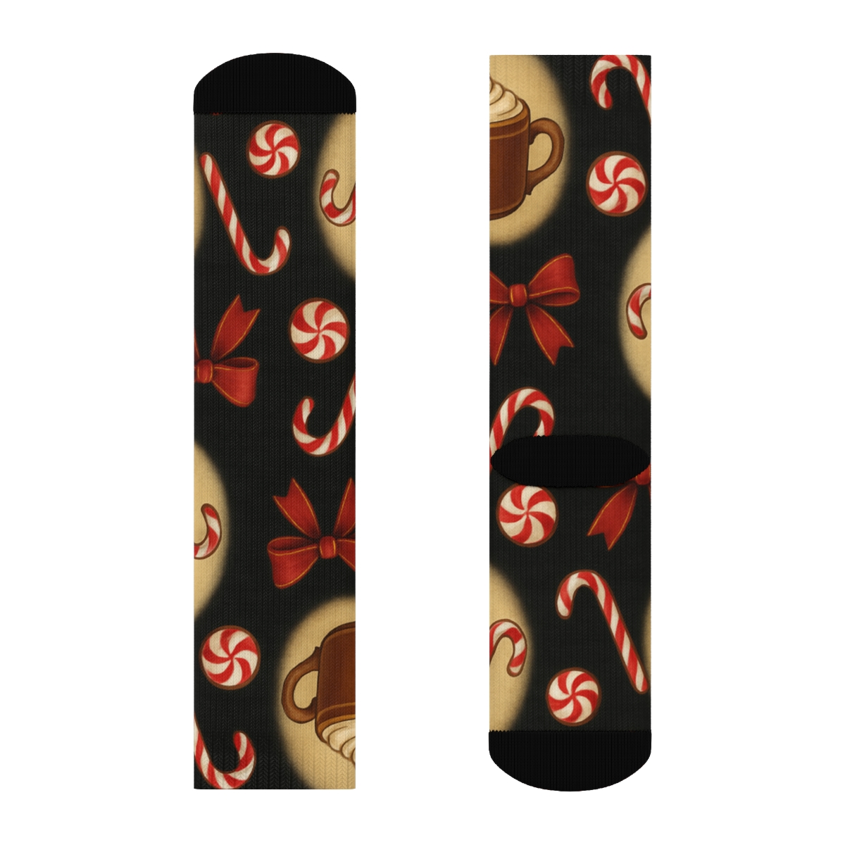 Candy Canes Vignette Wrap Pattern With Cocoa Mugs On Black premium sports crew socks