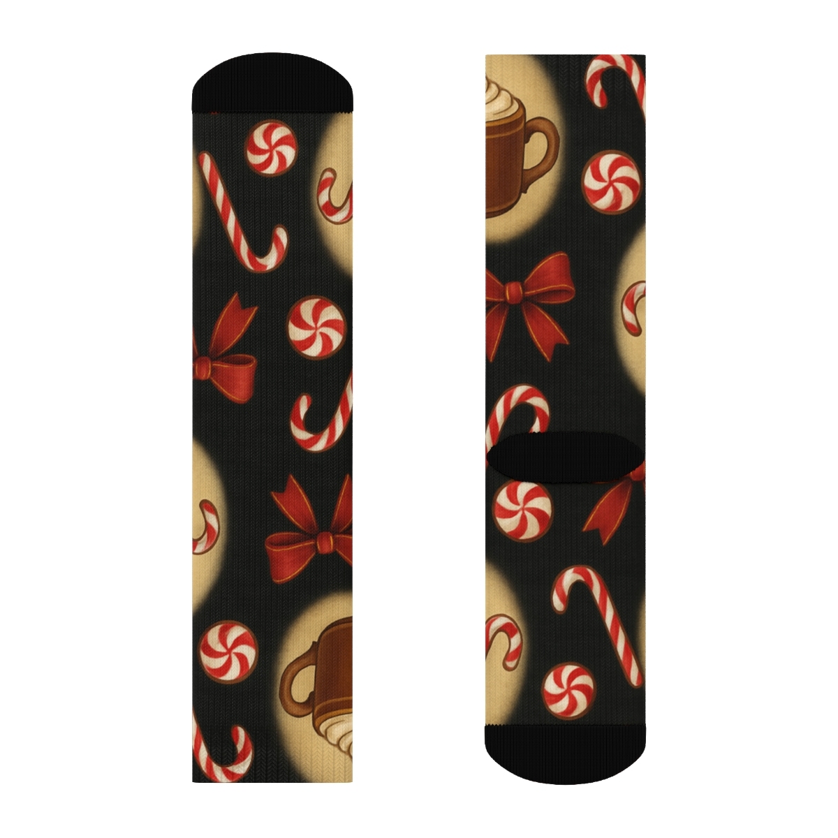 Candy Canes Vignette Wrap Pattern With Cocoa Mugs On Black premium sports crew socks