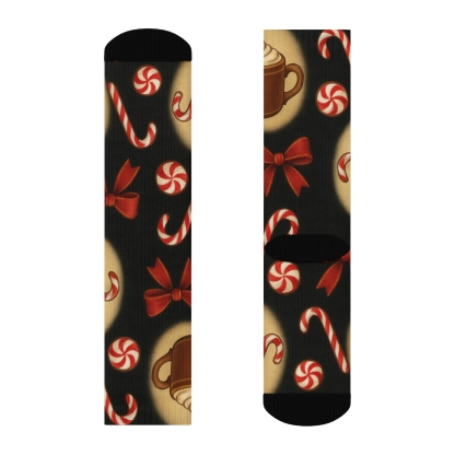 Candy Canes Vignette Wrap Pattern With Cocoa Mugs On Black premium sports crew socks