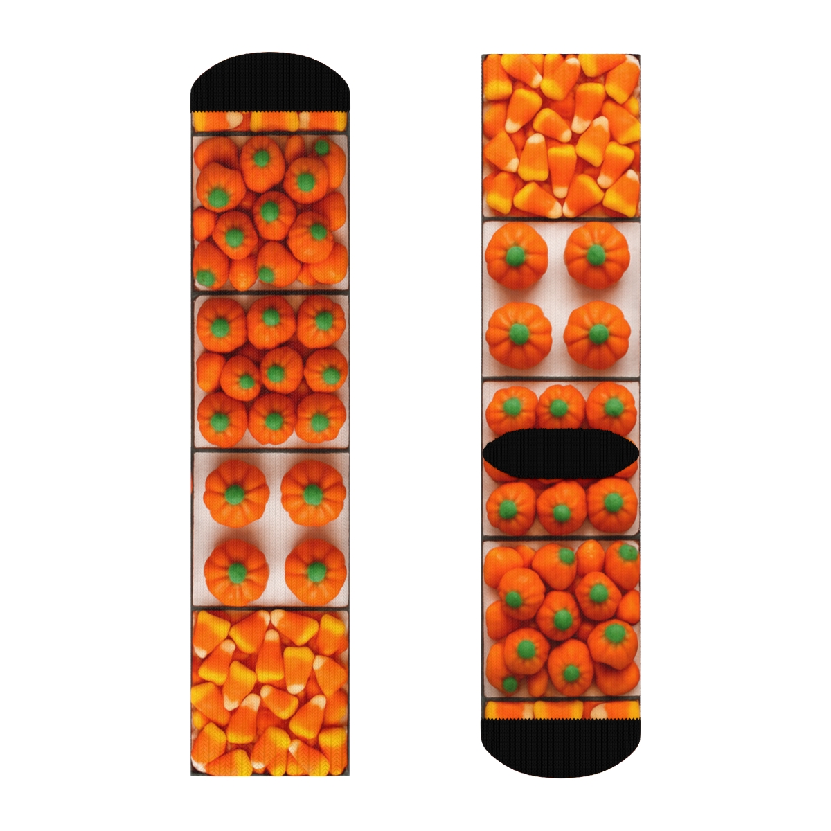 Candy Corn And Mini Pumpkin Checkboard On White Background designer printed crew socks