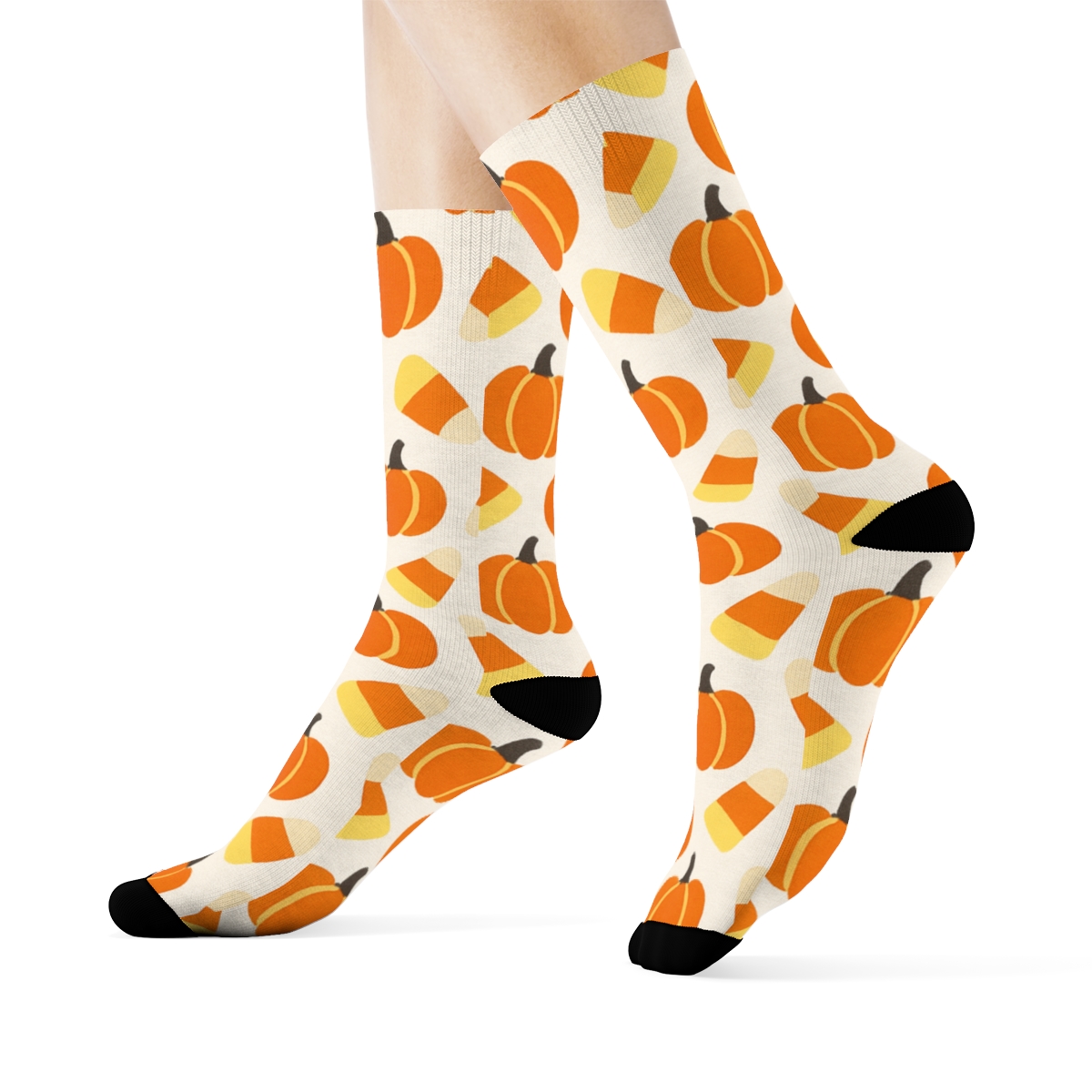 Candy Corn And Pumpkin Herringbone On White Background premium sports crew socks