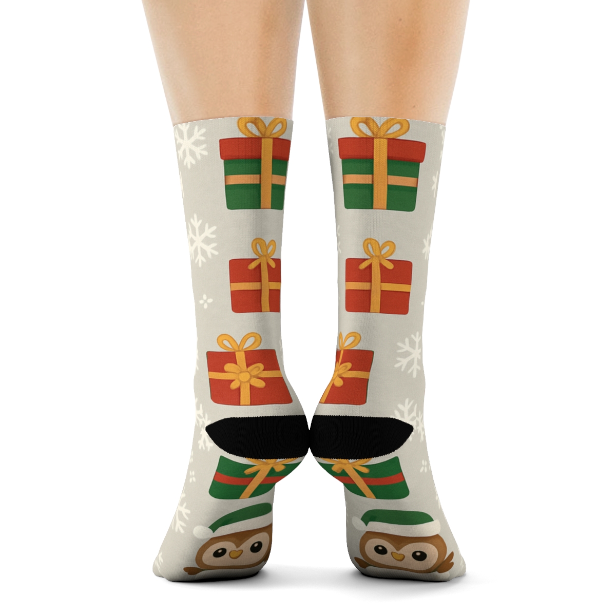 Cartoon Owl Stocking Checkerboard On Light Gray Background soft everyday crew socks