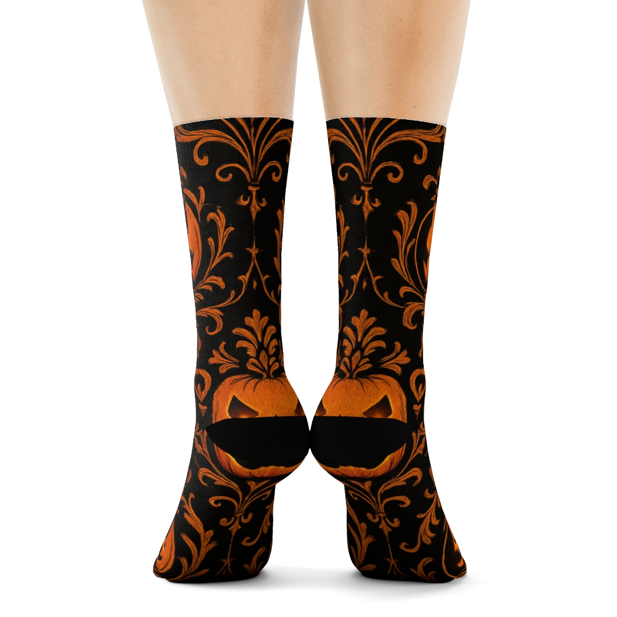 Carved Pumpkin Damask Scrollwork On Black Background premium sports crew socks
