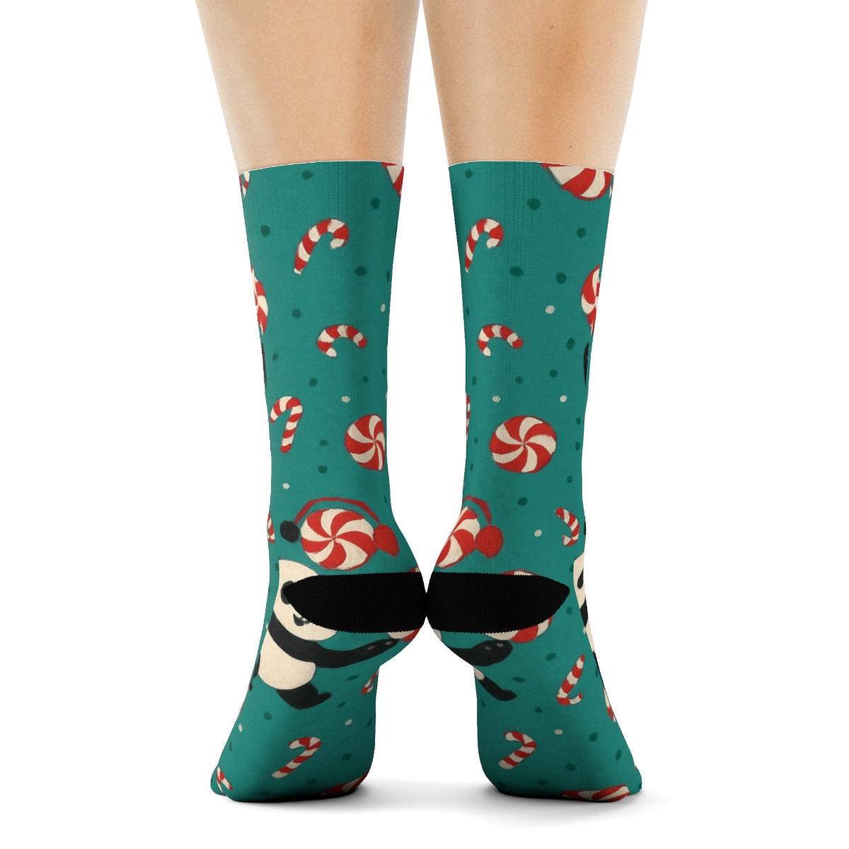 Peppermint Panda Polka Scatter On Teal Background comfortable cotton crew socksPeppermint Panda Polka Scatter on Teal Background Crew Socks - Image 4