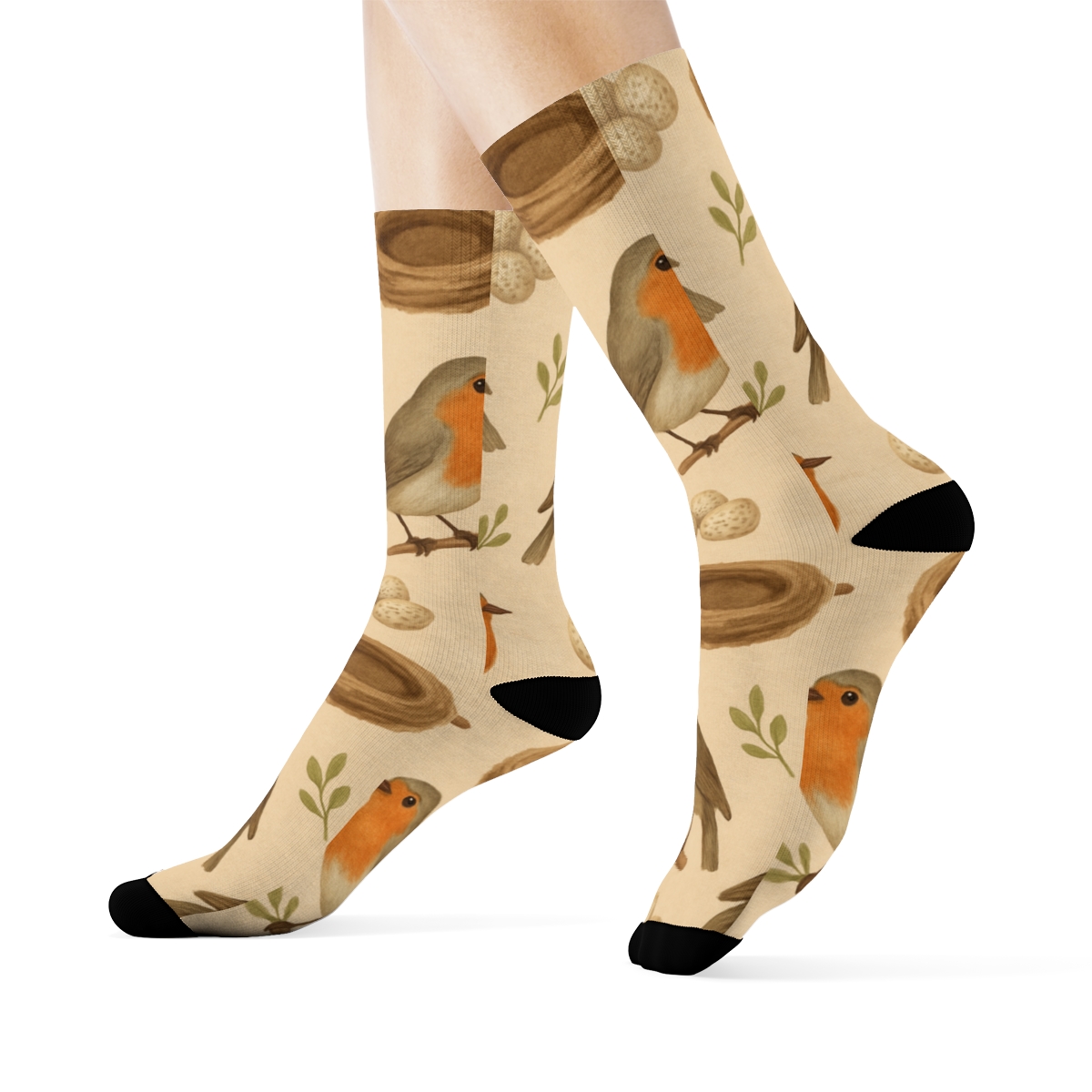 Rustic Robin Nest Ring Scatter On Beige Background personalized crew socks