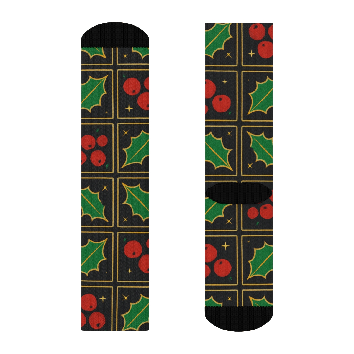 Holly Berry Grid On Charcoal Background designer printed crew socks