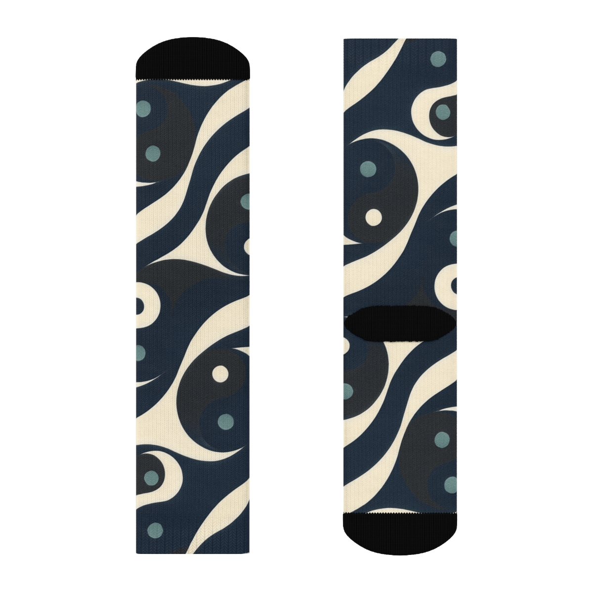 Indigo Cream Wave Yin Yang Tessellation designer printed crew socks
