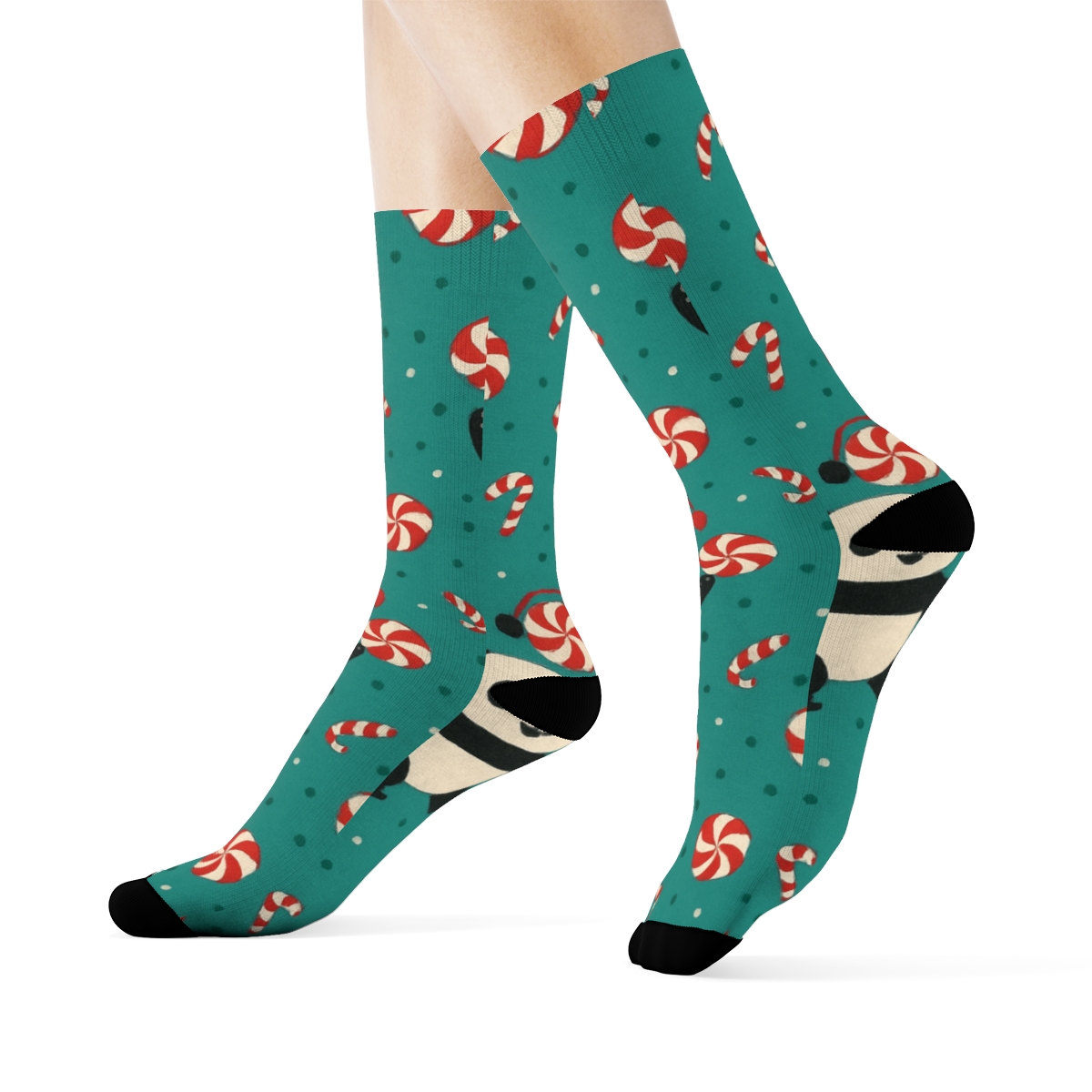 Peppermint Panda Polka Scatter On Teal Background comfortable cotton crew socksPeppermint Panda Polka Scatter on Teal Background Crew Socks - Image 3