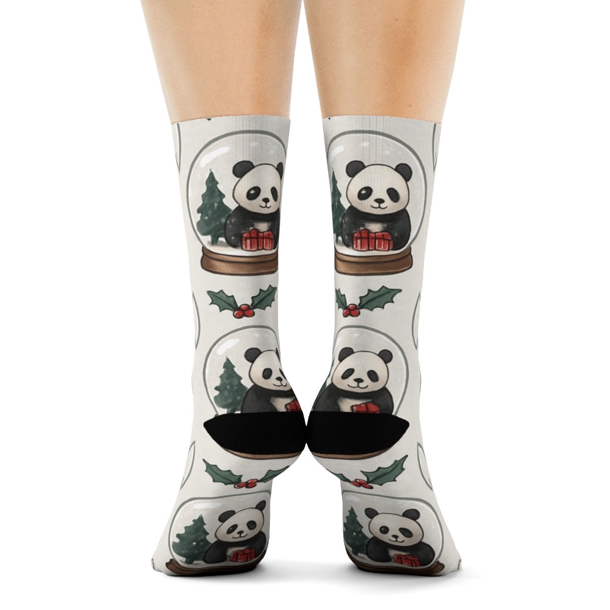 Panda Snow Globe Medallions On Light Gray Background designer printed crew socks