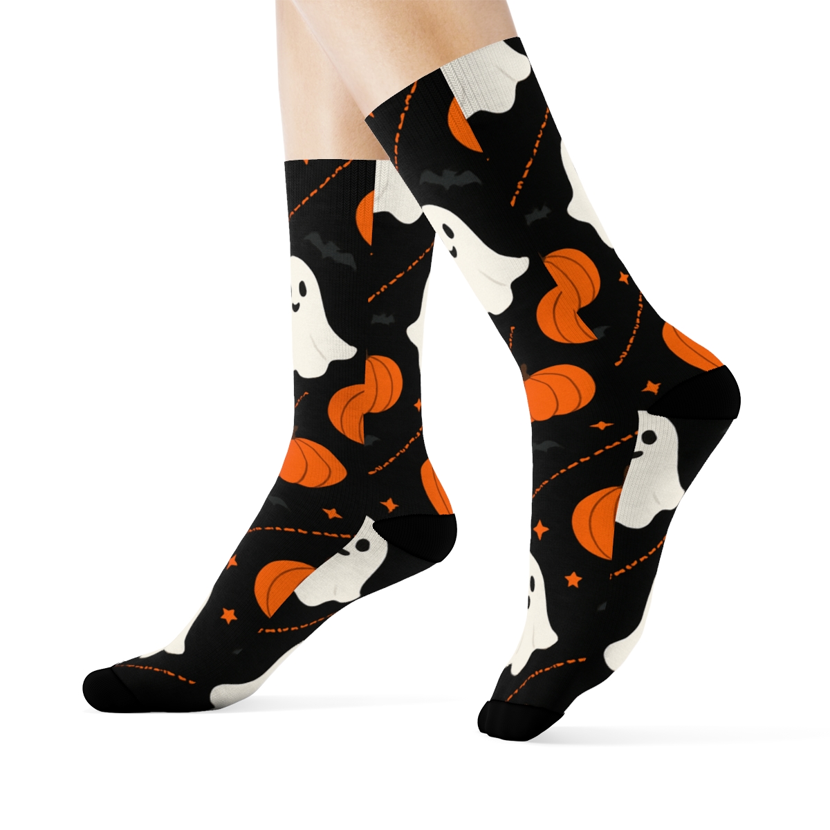 Ghost And Pumpkin Diagonal Chain On Black Background designer printed crew socks