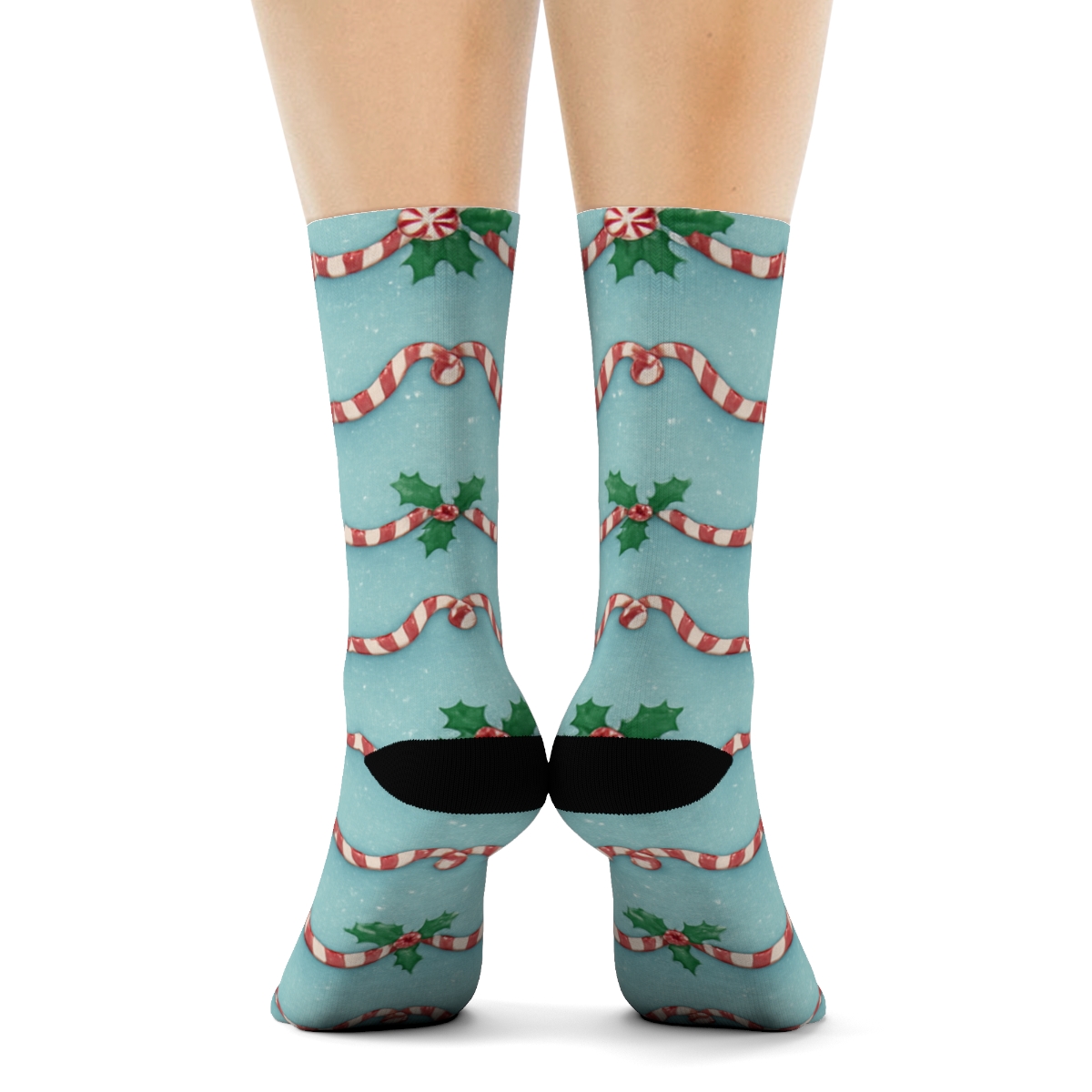 Candy Canes Garland Chains On Icy Blue unique graphic crew socks