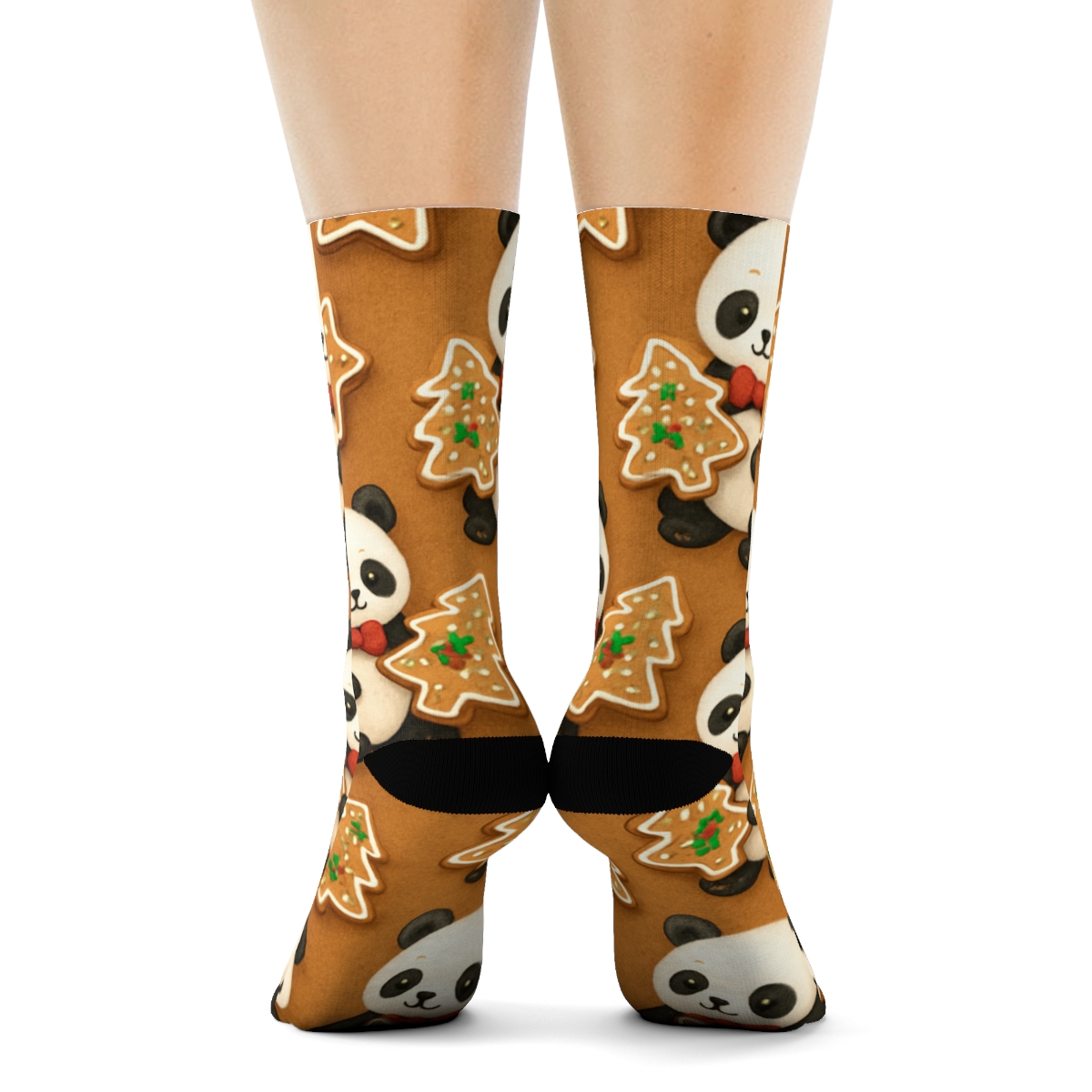 Gingerbread Panda Scatter On Warm Brown Background premium sports crew socks