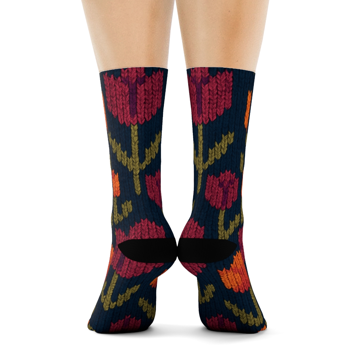 Sunset Tulip Chevron Weave On Deep Navy Background soft everyday crew socks