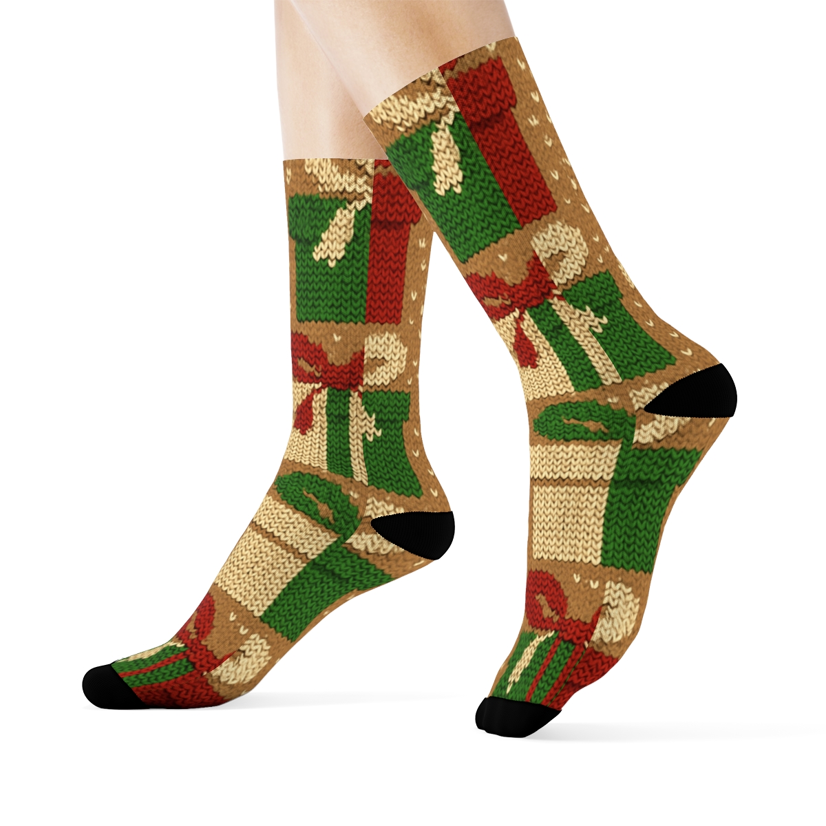 Presents-Stacked Parcel Knit Illusion designer printed crew socks