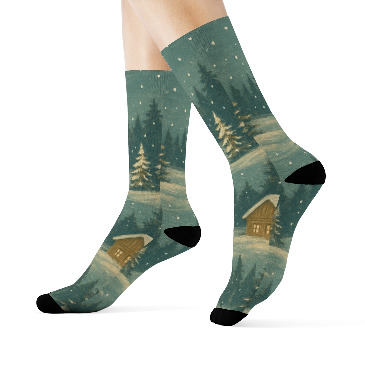 Snowy Cabin Landscape Christmas custom crew socks