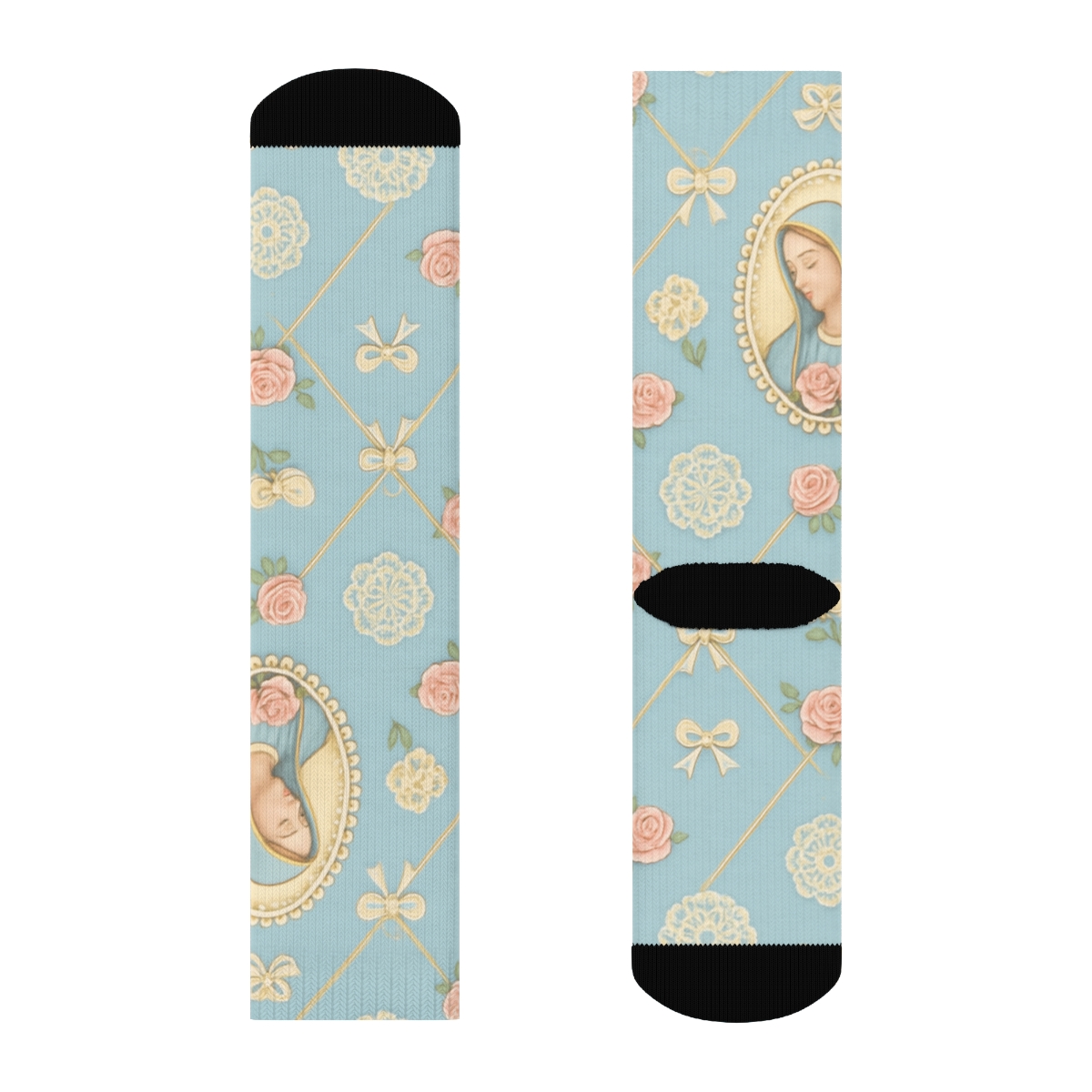 Mary Pastoral Cameo Lattice On Sky Blue designer printed crew socks