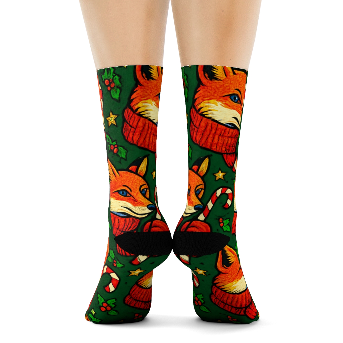 Candy Cane Fox Chevron On Deep Pine Green Background personalized crew socks