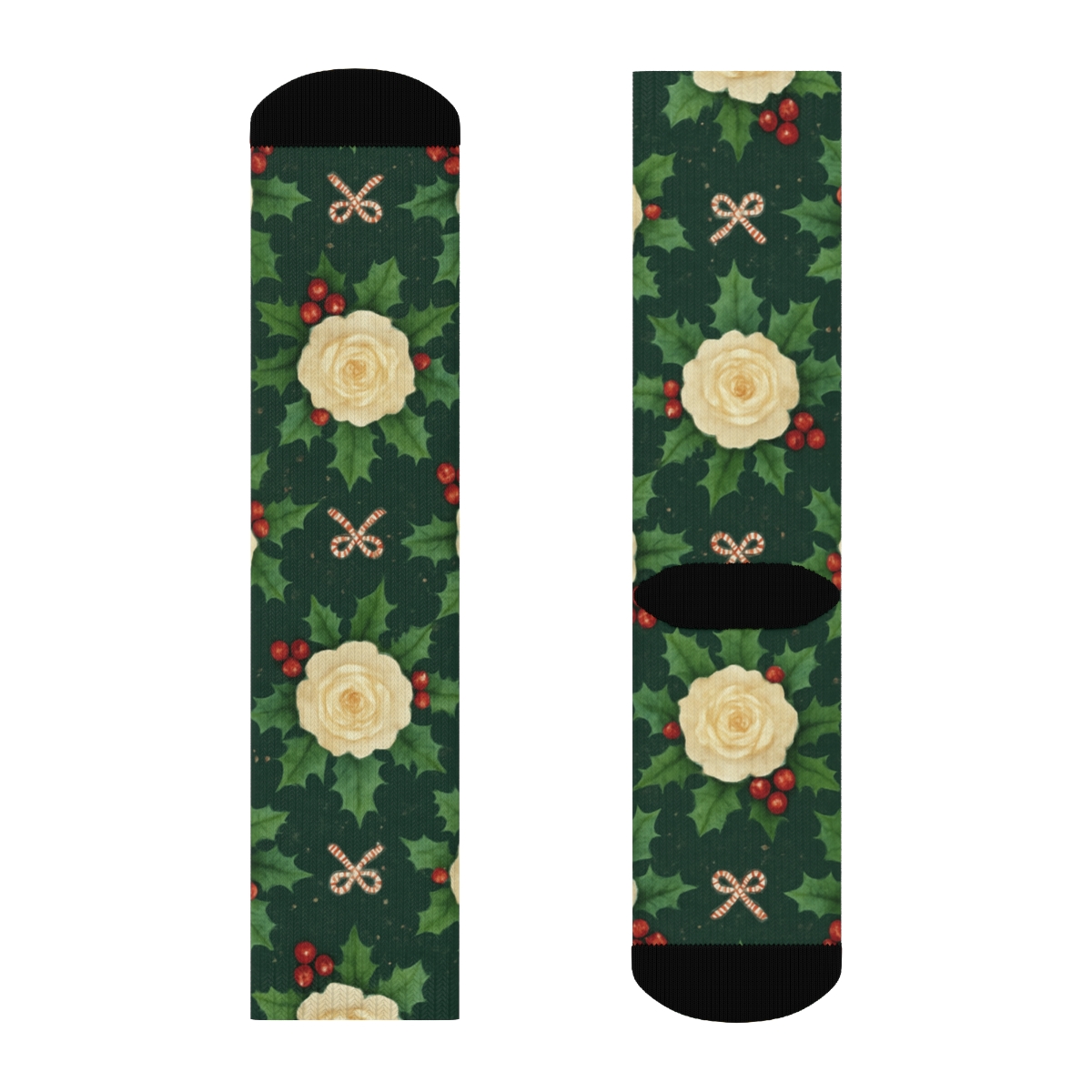 Holly Rose Ribbon Lattice On Midnight Green Background premium sports crew socks