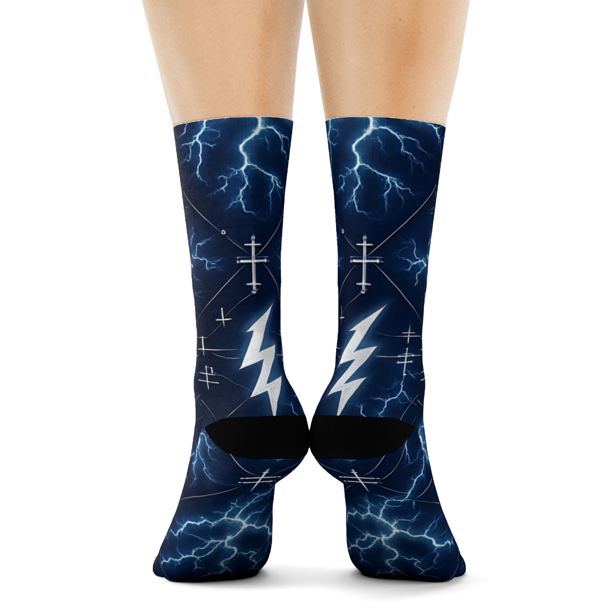 Indigo Conductor Lattice Lightning Collage designer printed crew socks
