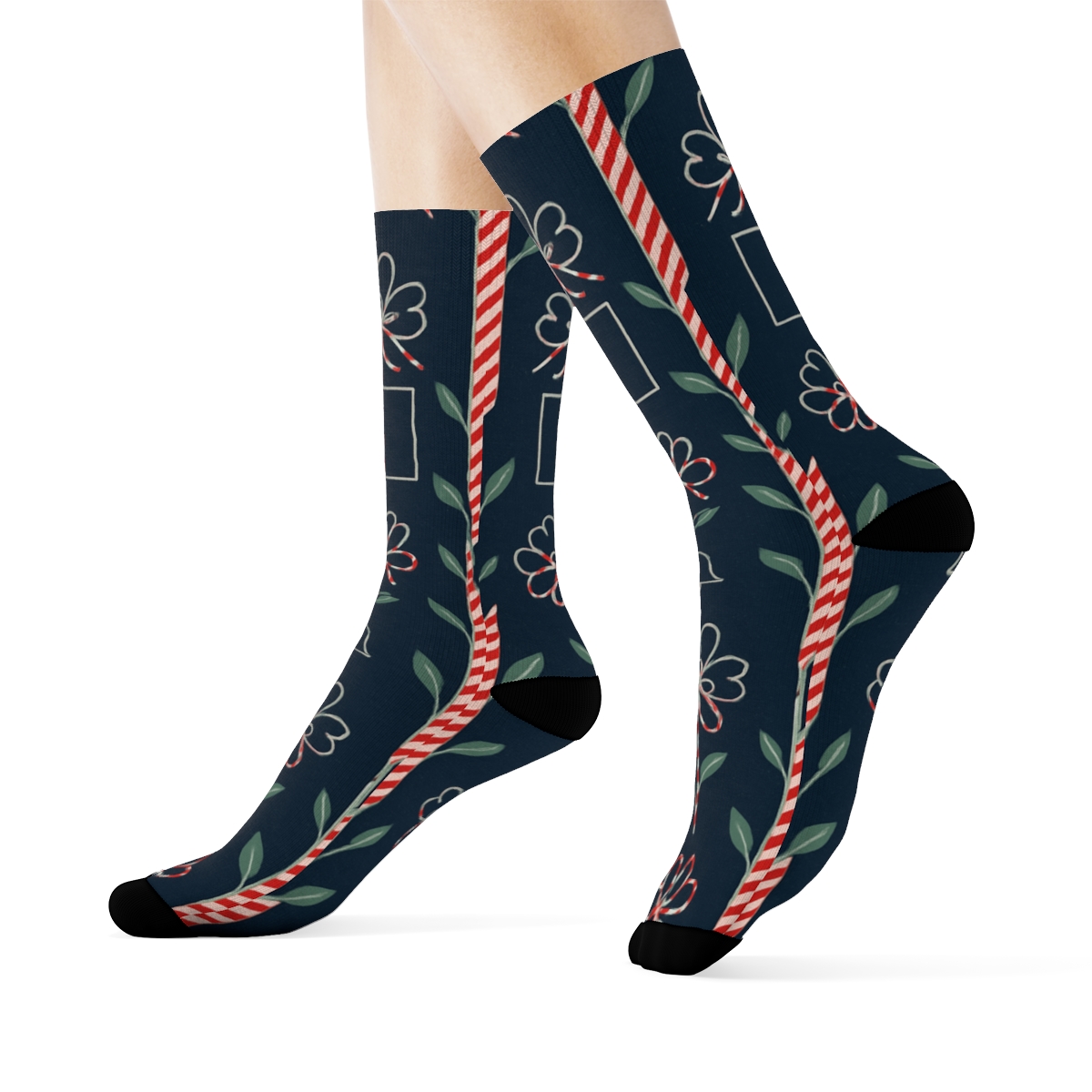 Navy Blue Candy Cane Vine Grid With Cherry Blossom Bows custom crew socks