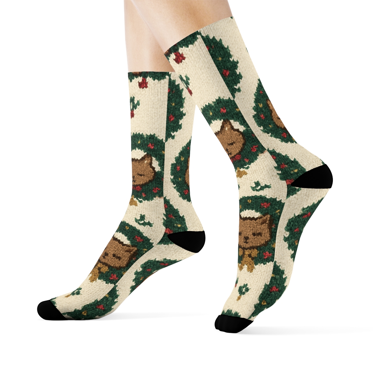 Cozy Knitted Sleepy Kittens Garland Grid On Warm Ivory Background designer printed crew socks