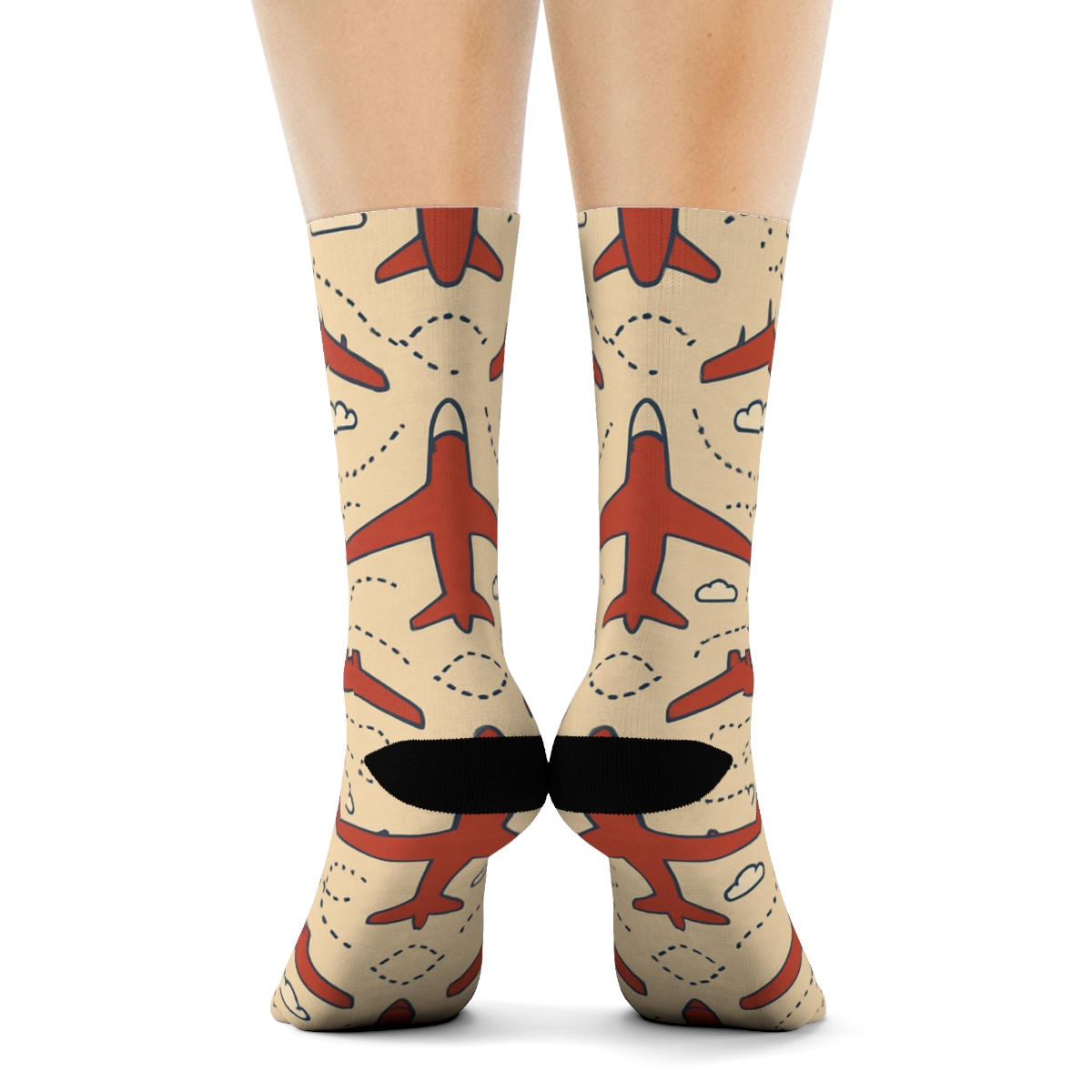 Mirrored Airplane Silhouette Tiles In Red And Cream designer printed crew socks