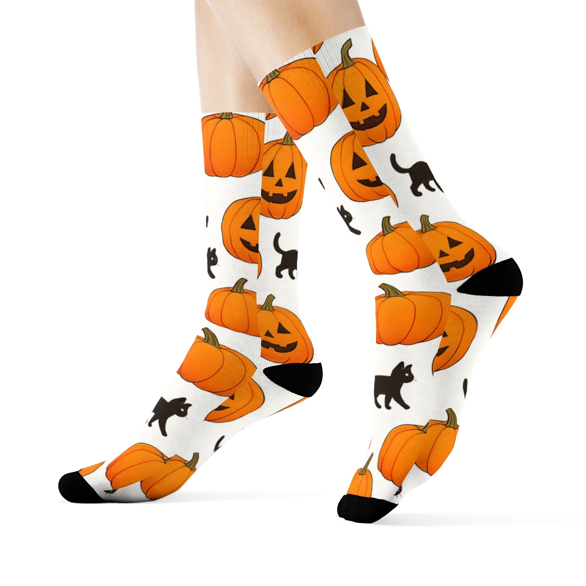 Orange Pumpkin Patch Scatter With Black Cats On White Background unique graphic crew socks