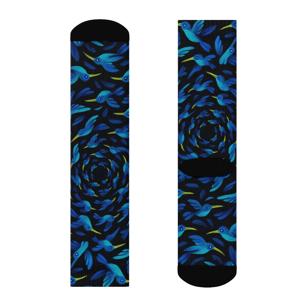 Cerulean Hummingbird Spiral Flight On Midnight Field personalized crew socks