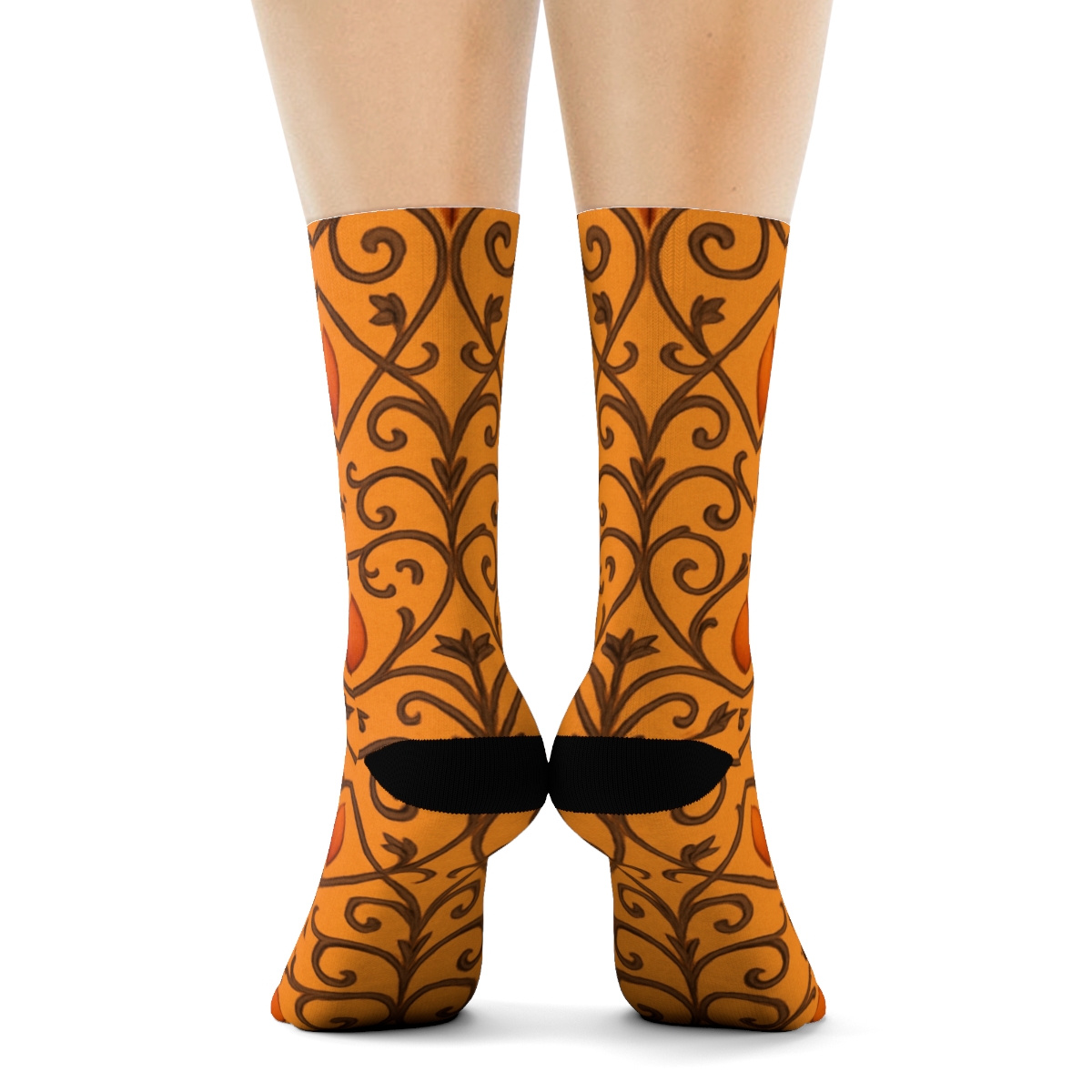 Pumpkin Vine Trellis Lattice On Orange Background designer printed crew socks