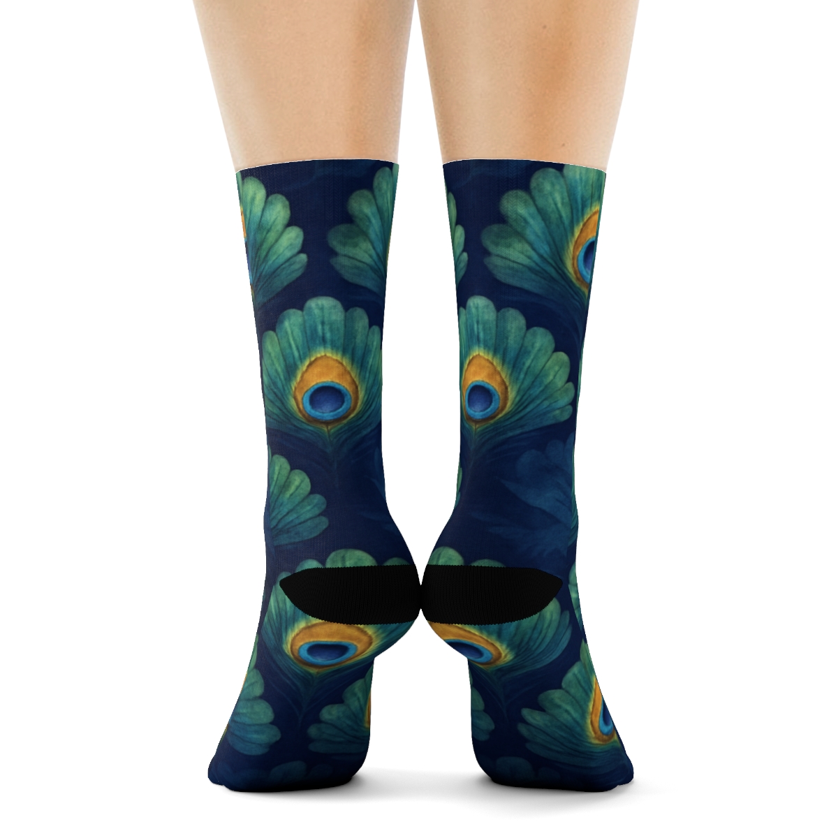 Peacock Tail Feather Fan Tessellation On Deep Navy custom crew socks