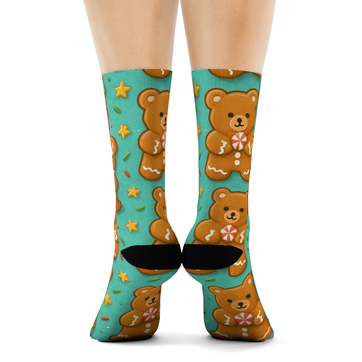 Bear Gingerbread Cookie Tile Repeat On Turquoise Background premium sports crew socks