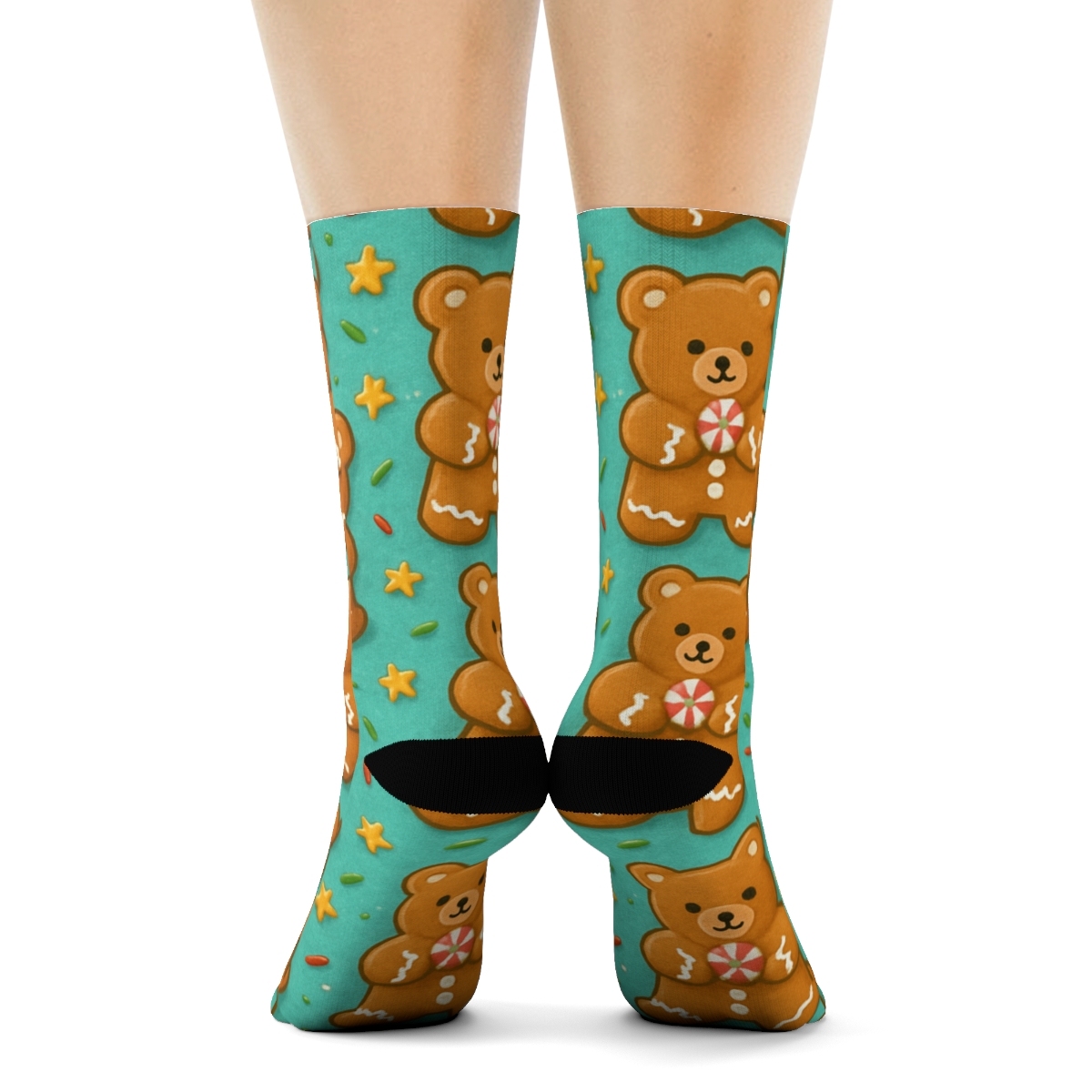 Bear Gingerbread Cookie Tile Repeat On Turquoise Background premium sports crew socks