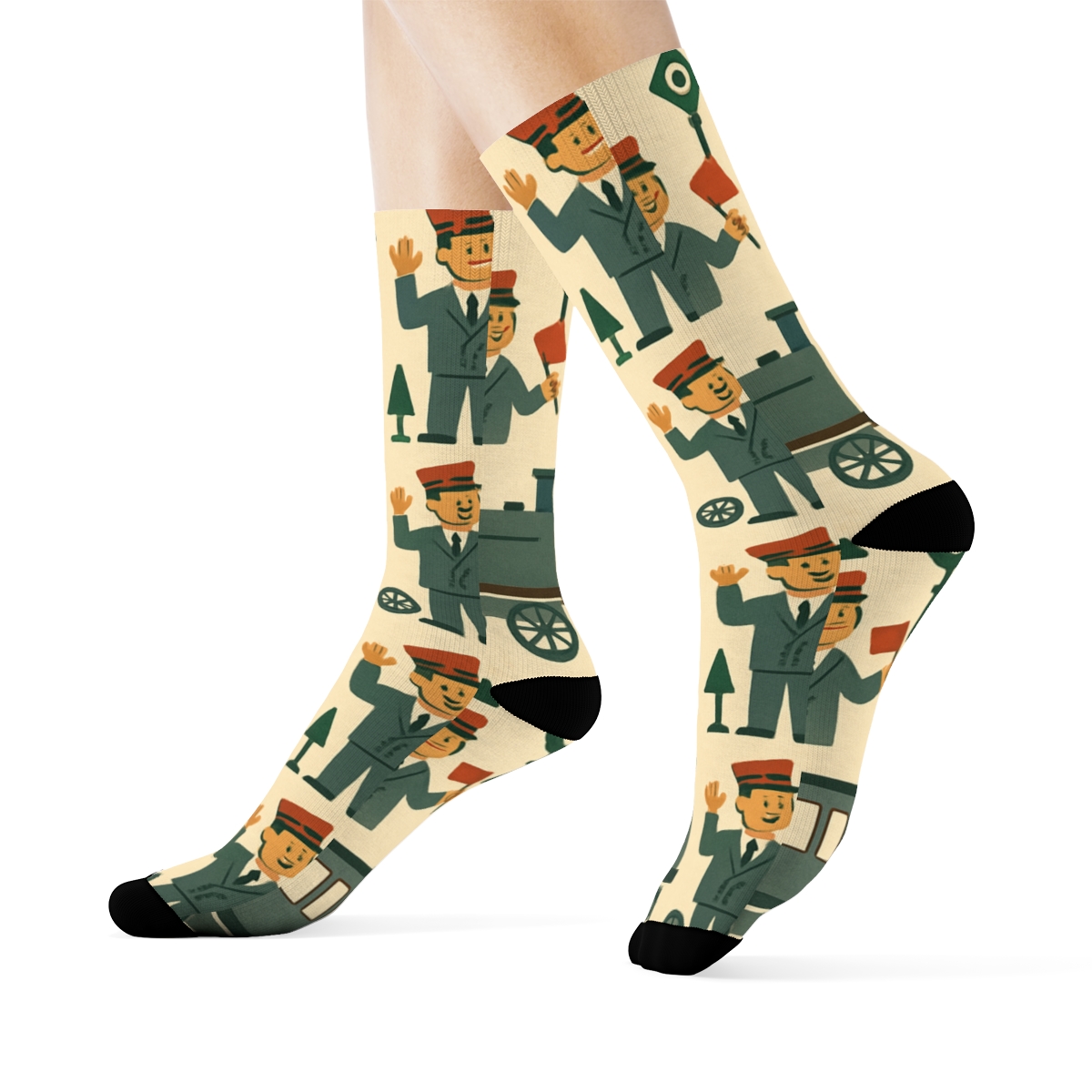 Vintage Travel Poster Look With Train Conductor Parade Pattern unique graphic crew socks