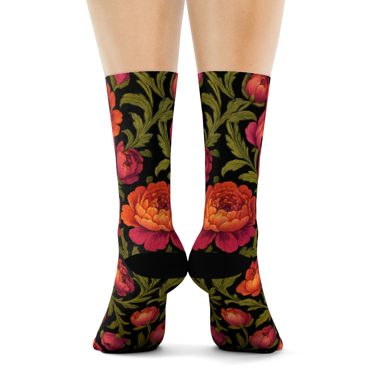 Sunset Peony Garland Tessellation On Black Background comfortable cotton crew socks