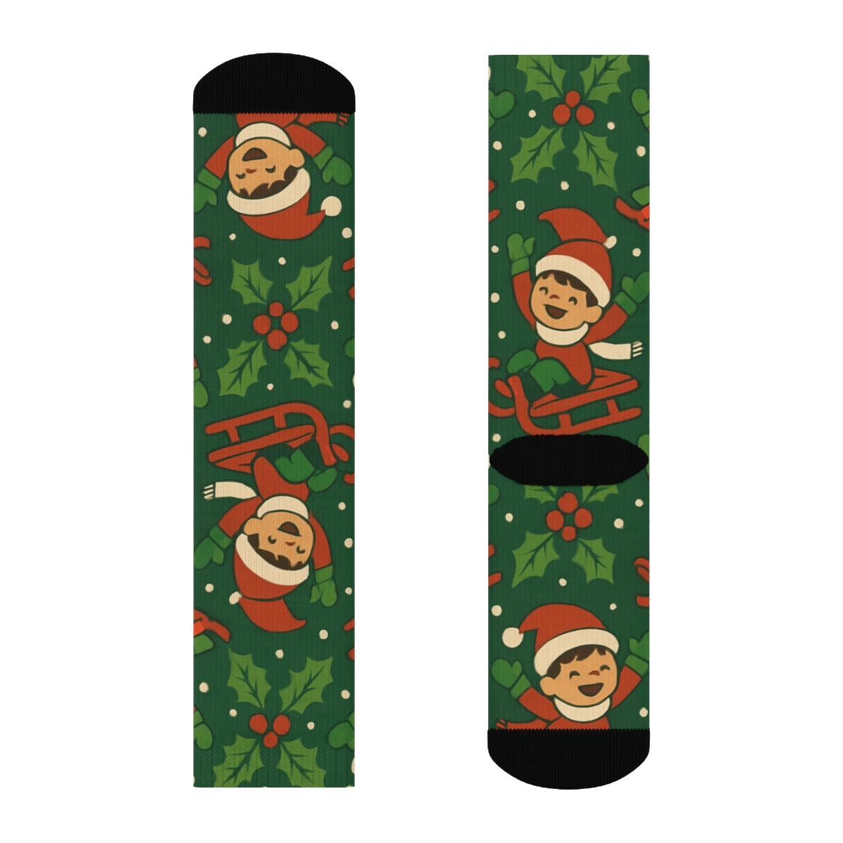 Children On Sleds Pattern With Sleigh Motifs soft everyday crew socks