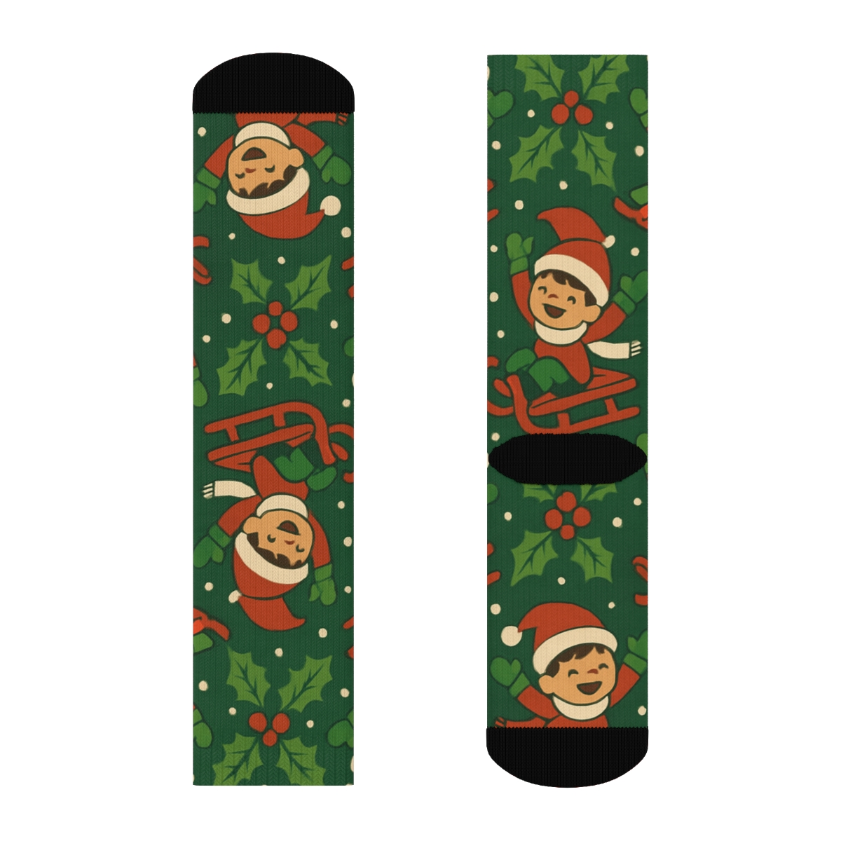 Children On Sleds Pattern With Sleigh Motifs soft everyday crew socks
