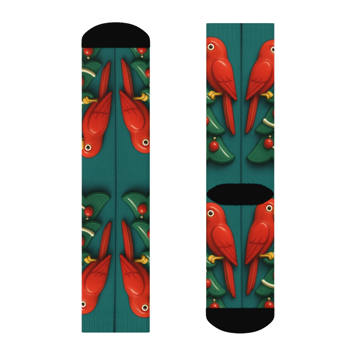 Christmas Tree Parrot Mirror Pair Panels On Teal Background personalized crew socks