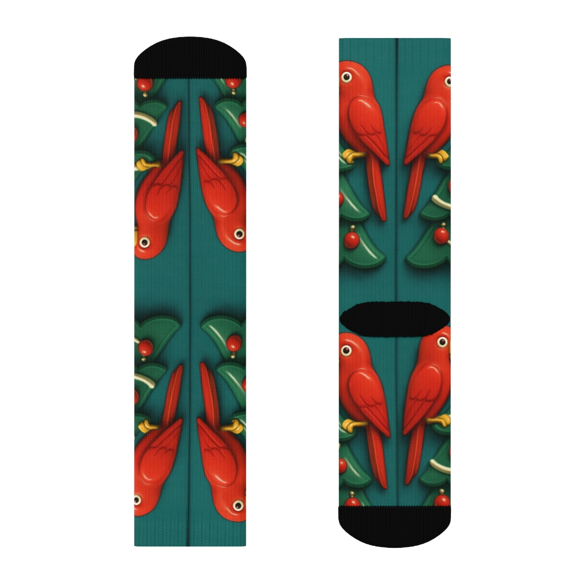 Christmas Tree Parrot Mirror Pair Panels On Teal Background personalized crew socks