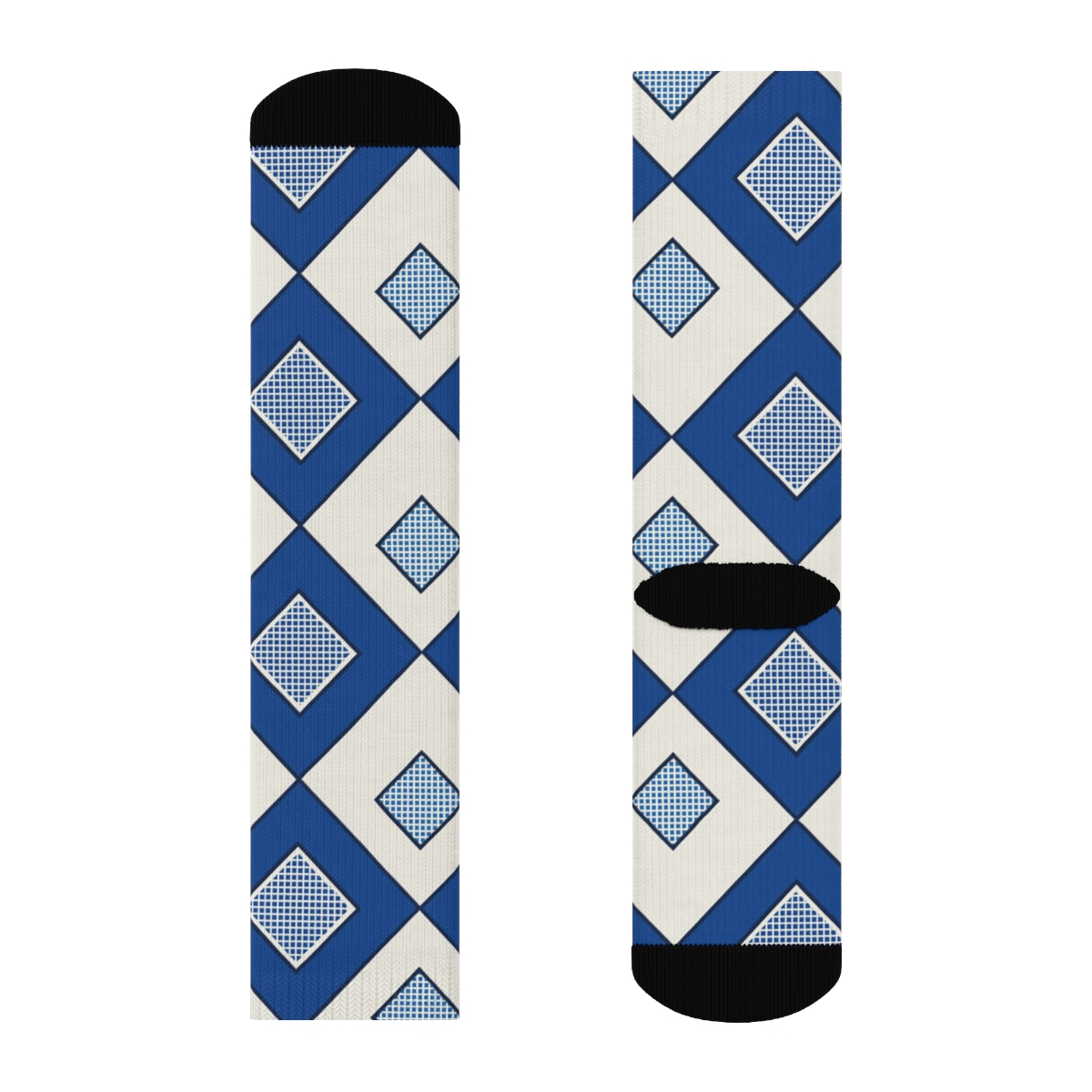 Cobalt And Ivory Diagonal Diamond Check With Nested Micro Check Insets trendy patterned crew socks