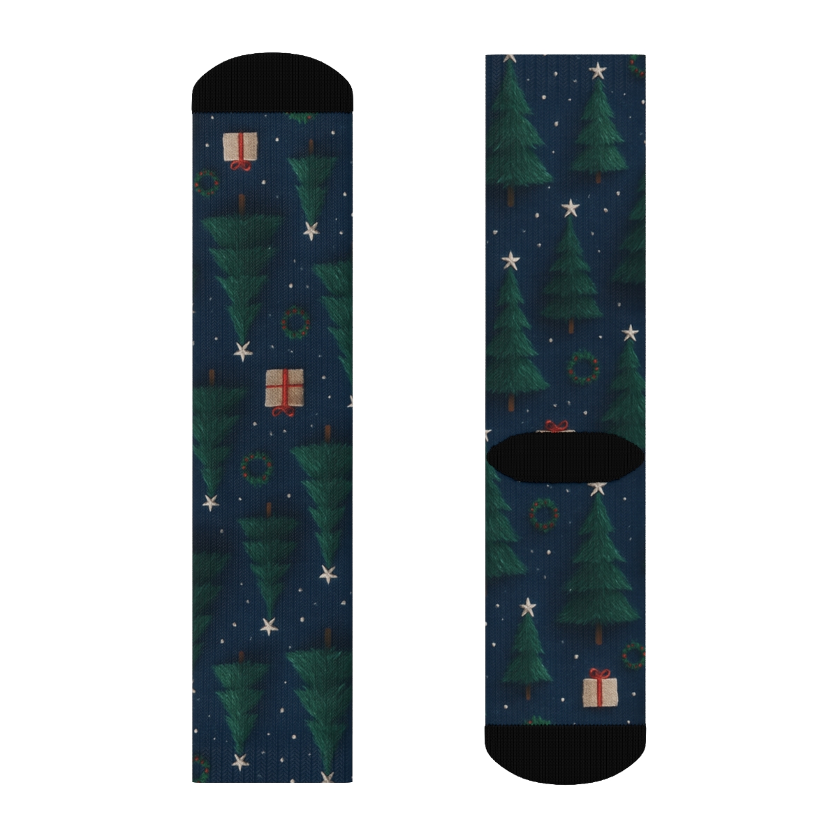 Conical Tree Scatter On Midnight Forest Ground designer printed crew socks
