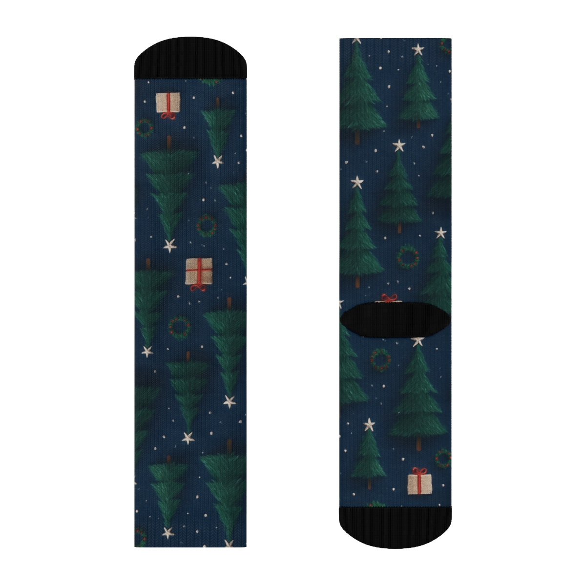 Conical Tree Scatter On Midnight Forest Ground designer printed crew socks