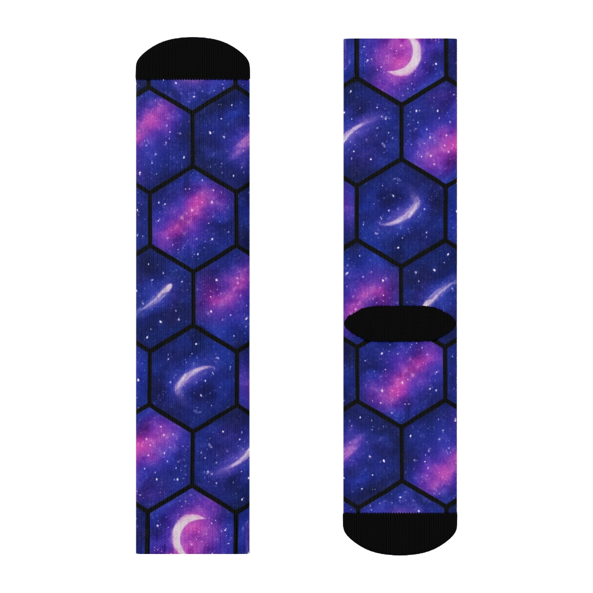 Cosmic Purple Nebula Hex Tessellation On Black Background designer printed crew socks