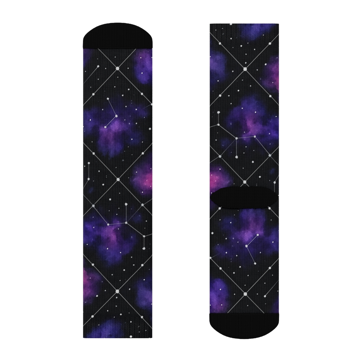 Cosmic Purple Nebula Watercolor Constellation Grid On Black designer printed crew socks