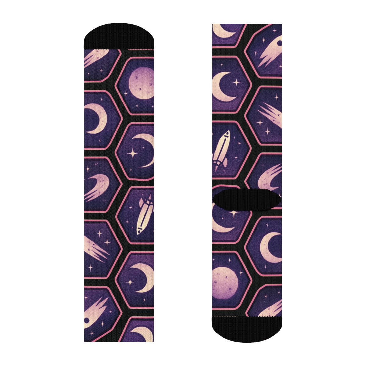 Cosmic Purple Retro Mission Patch Tessellation On Black Background premium sports crew socks