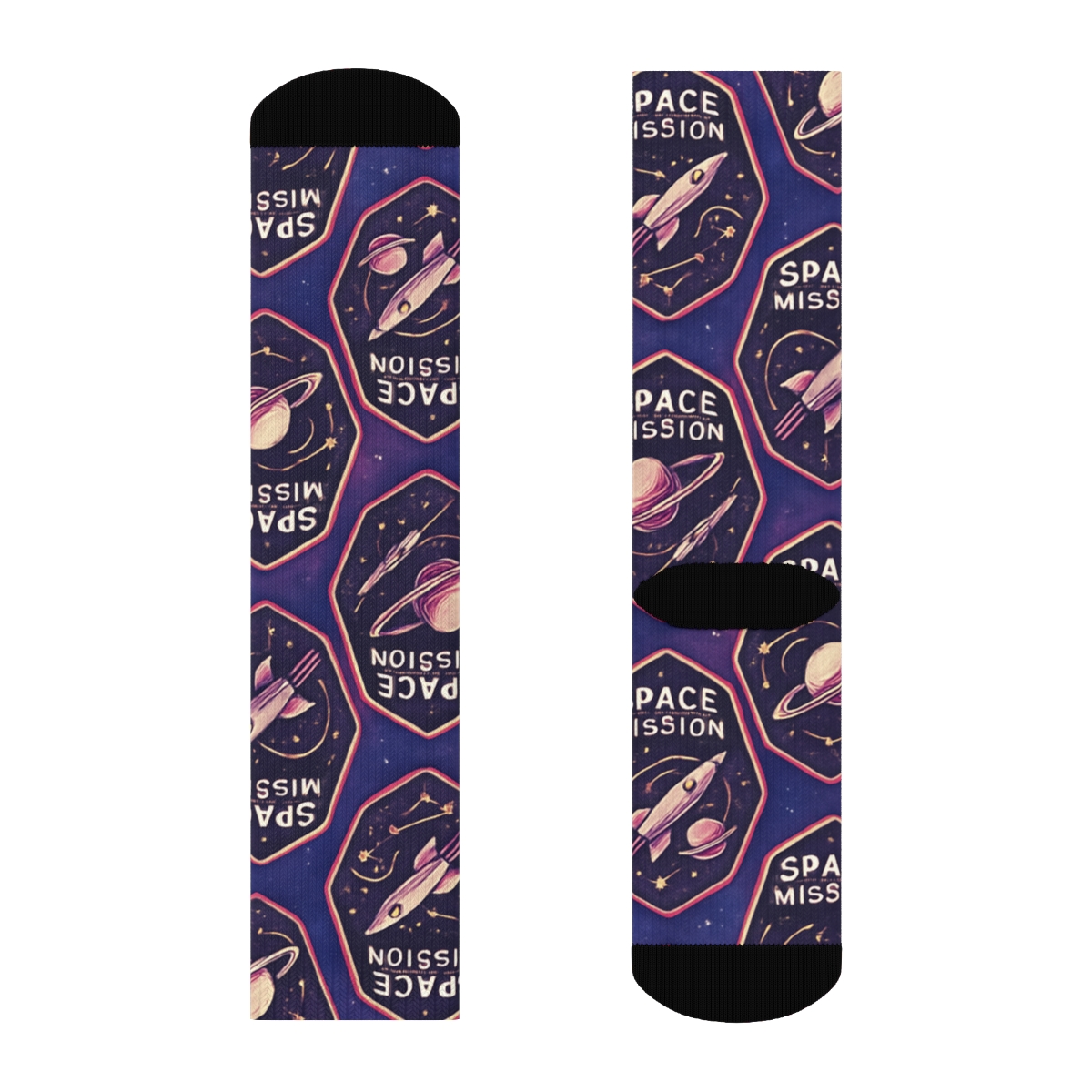Cosmic Purple Retro Mission Patch Tessellation On Nebula Gradient trendy patterned crew socks
