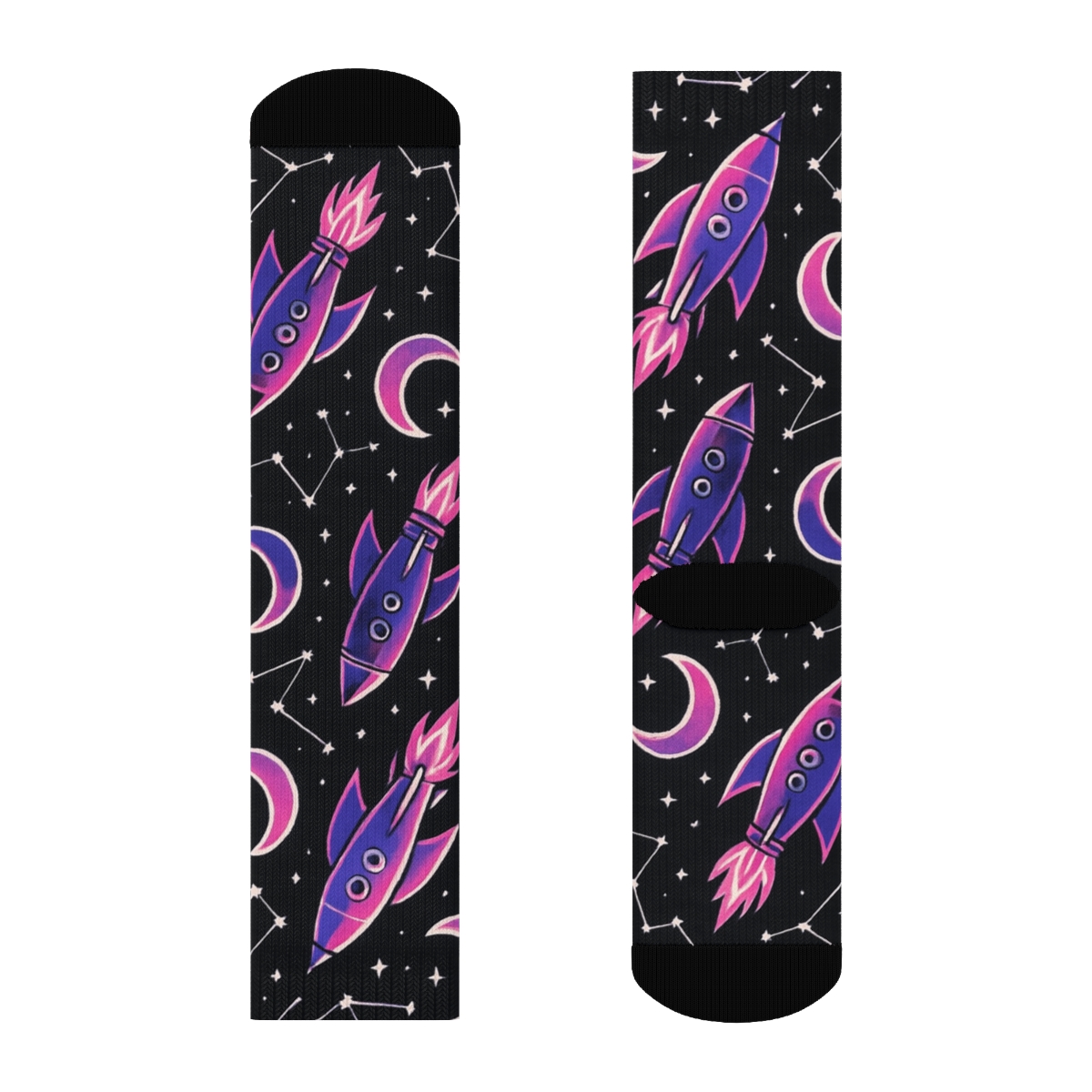 Cosmic Purple Rocket Chevron Grid On Black Background trendy patterned crew socks