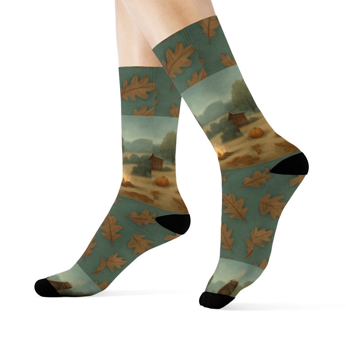 Cozy Cabin Wraparound Autumn Scene personalized crew socks