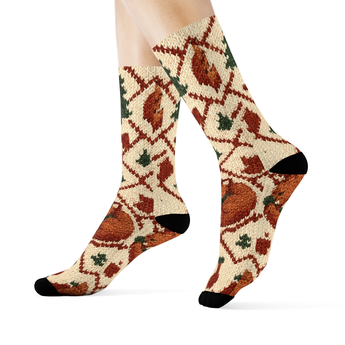 Cozy Knitted Fox Fair Isle Lattice On Cream Background designer printed crew socks